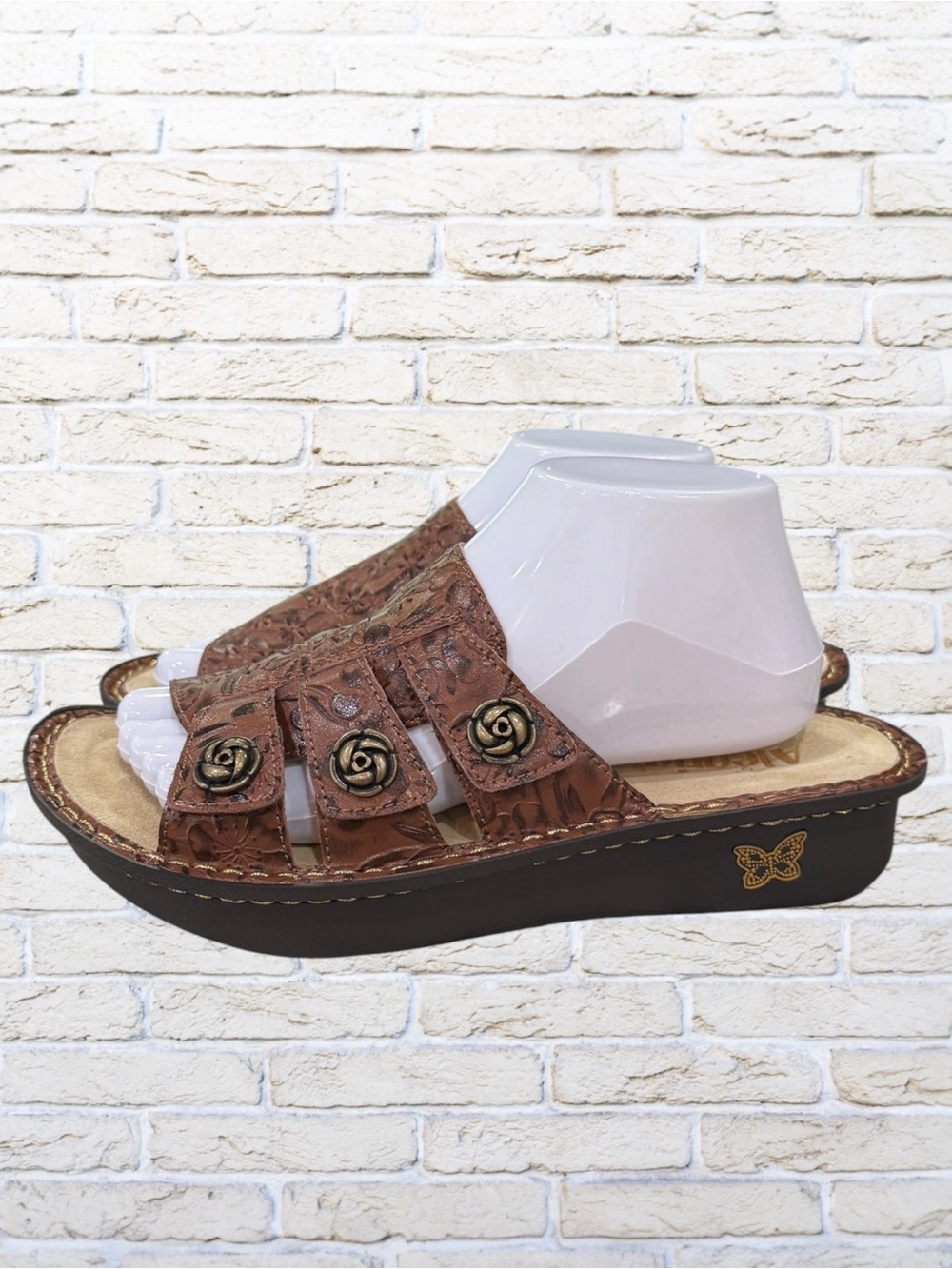 New without box Alegria Brown Leather Slide Sandals with Rose Accents - Size 40